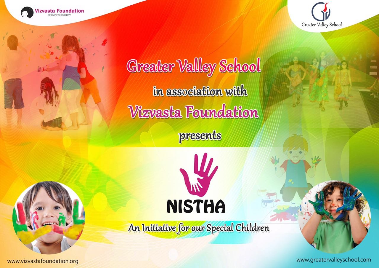 The NISTHA 2015 event banner, reading 'Greater Valley School in association with Vizvasta Foundation presents NISTHA', with the Nistha hands mark and photographs of children painting.